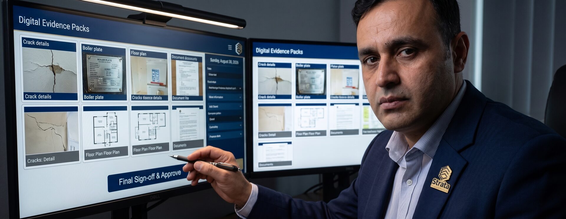 Strata director reviewing digital evidence packs on dual monitors before final sign-off