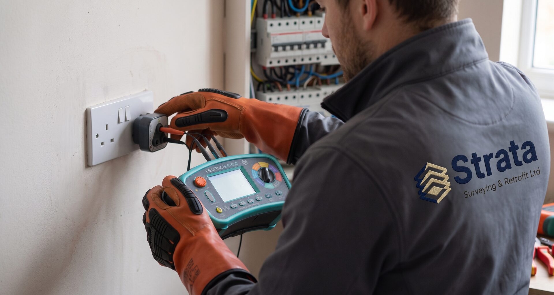 Strata electrician testing a socket outlet with a multifunction tester below an open consumer unit