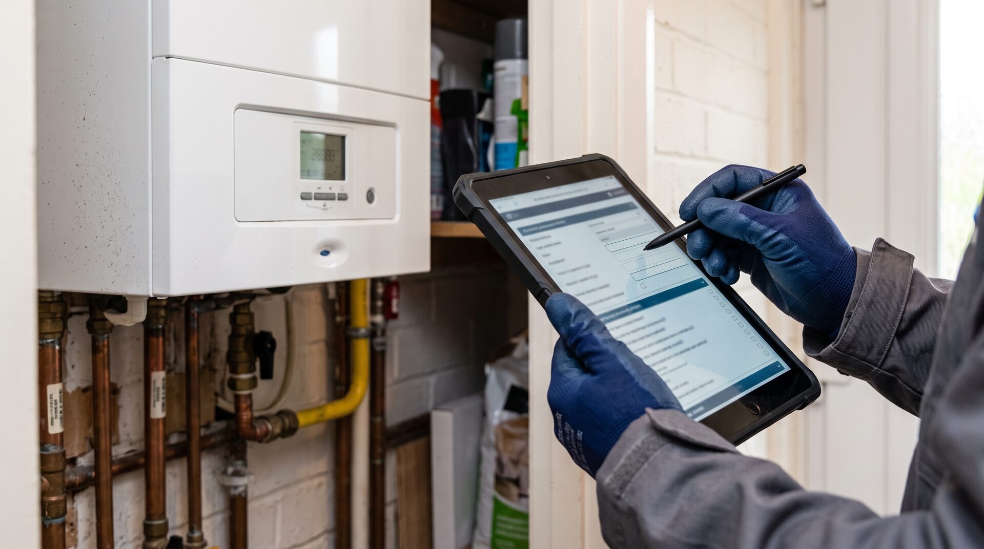 Assessor recording boiler details for an EPC