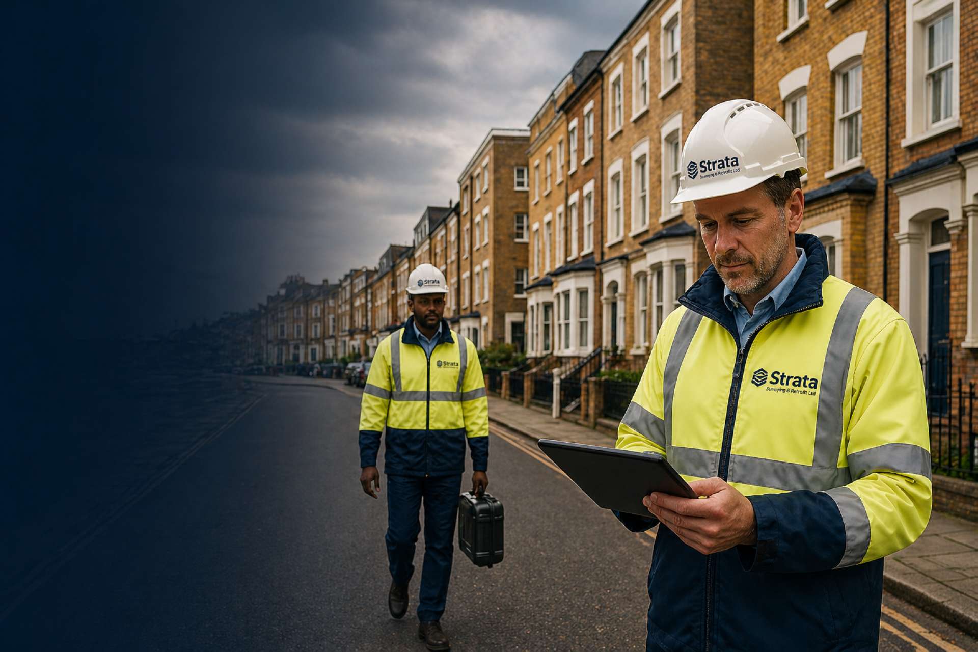Strata surveyors working along a terraced residential street