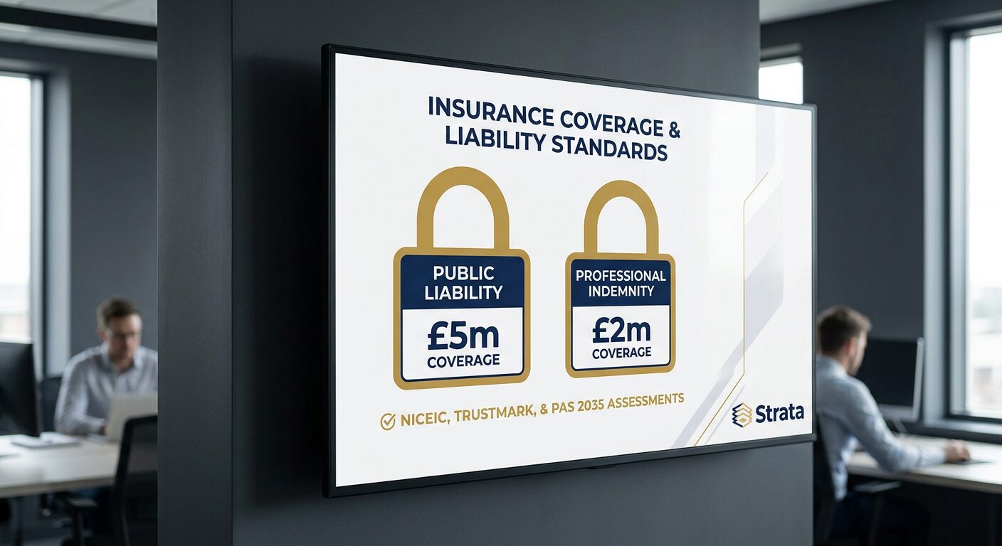 Office display showing Strata insurance coverage: £5m public liability and £2m professional indemnity, with NICEIC, TrustMark and PAS 2035 assessments