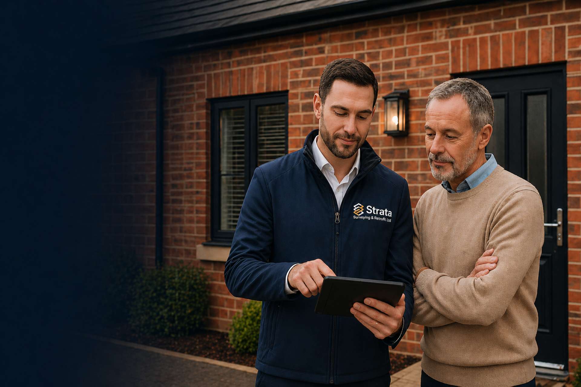 Strata surveyor walking a landlord through EPC improvement options on a tablet outside a brick house