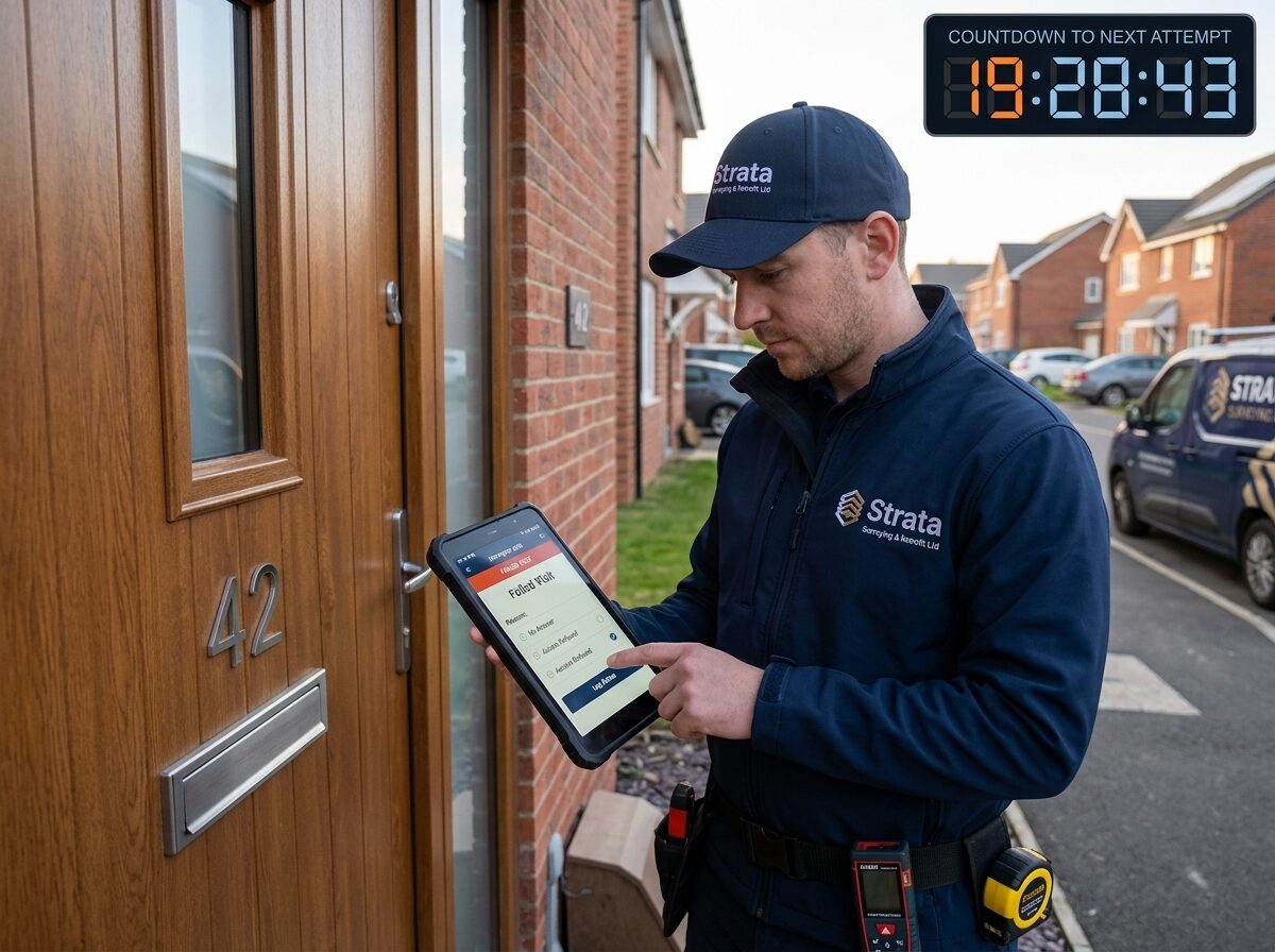 Surveyor logging a failed visit outcome on a mobile app at a resident's front door