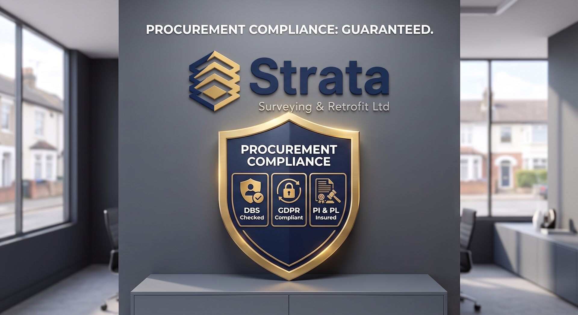 Procurement compliance shield graphic: DBS checked, GDPR compliant, PI and PL insured