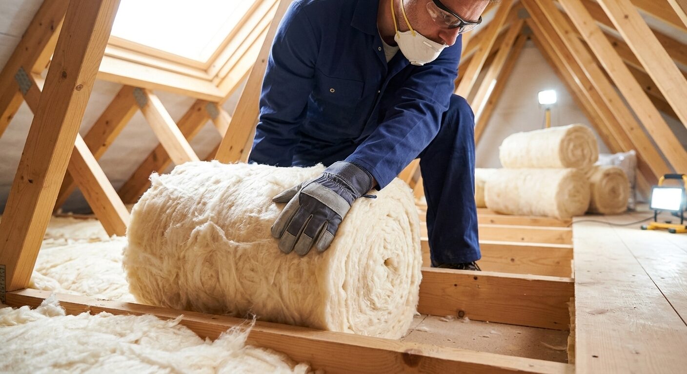 Loft insulation roll being laid between timber joists in a residential roof space