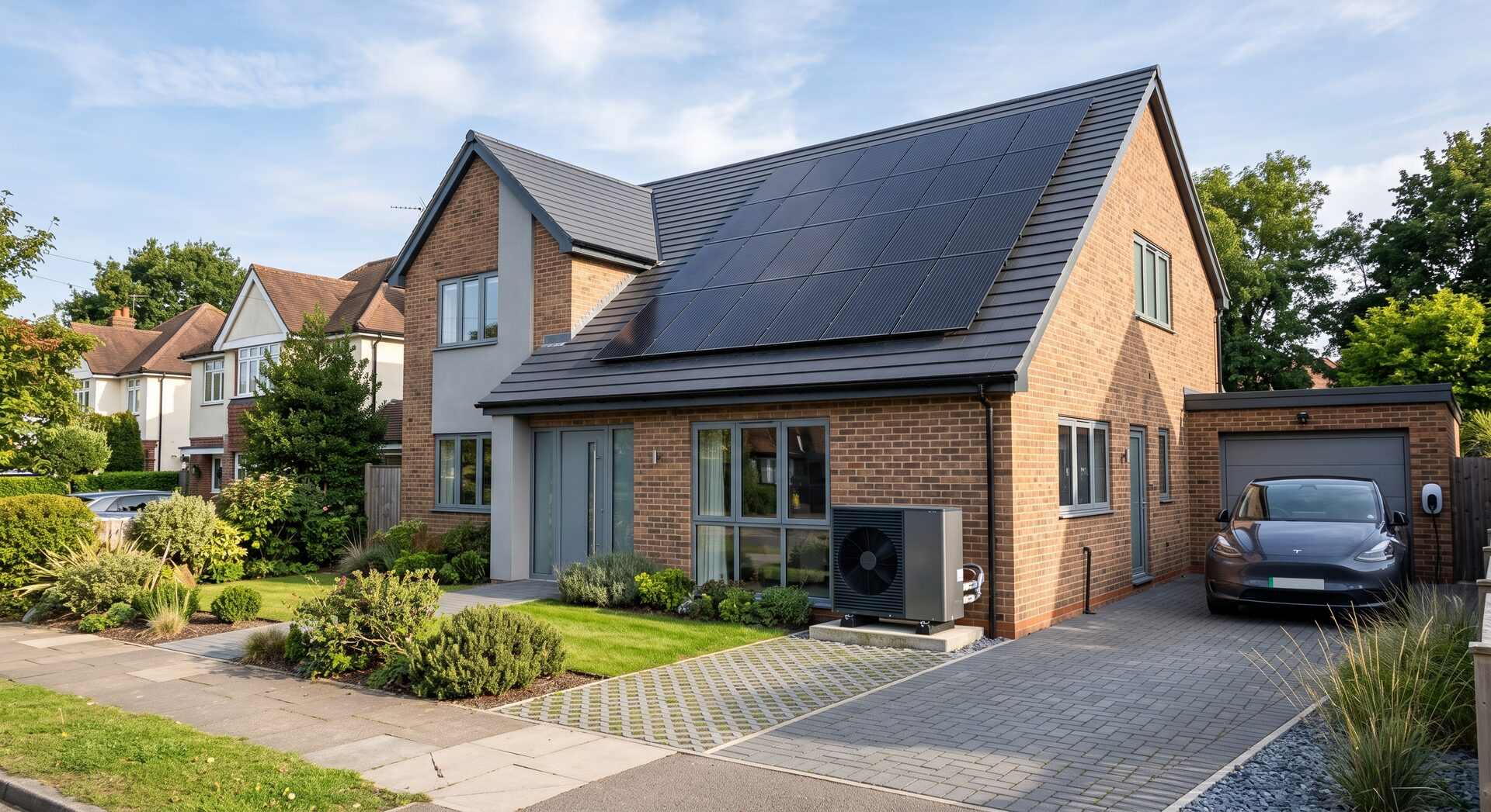 Home garage with inverter, battery storage units and a wall-mounted EV charger beneath a solar roof
