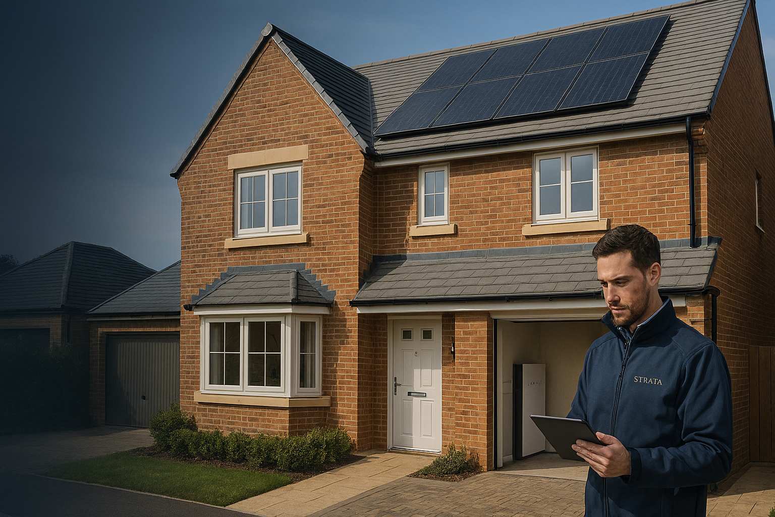Strata surveyor with a tablet outside a detached house with a full solar roof at dusk