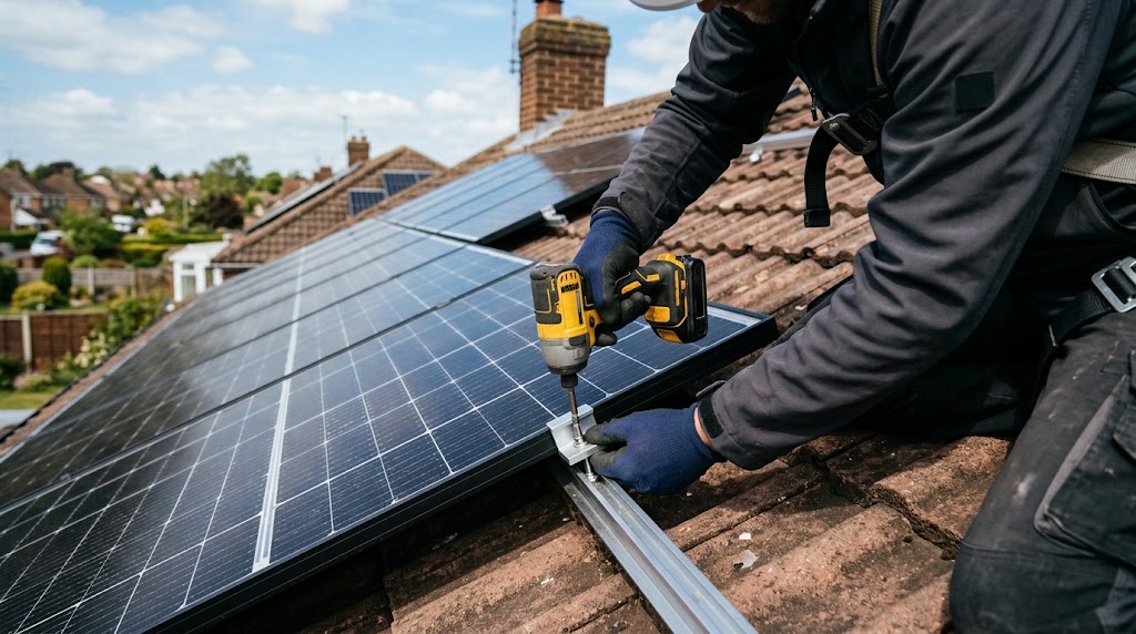 Installer fixing a solar panel mounting rail to a tiled residential roof