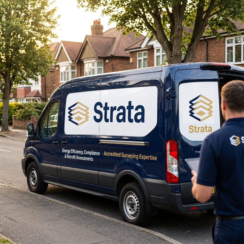 Strata-branded van parked on a suburban residential street with a surveyor walking to a property