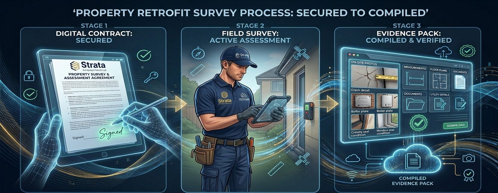 Three-stage property survey process: digital contract secured, field survey active assessment, evidence pack compiled and verified