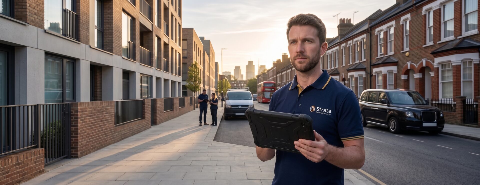Strata surveyor with a rugged tablet on a London residential street