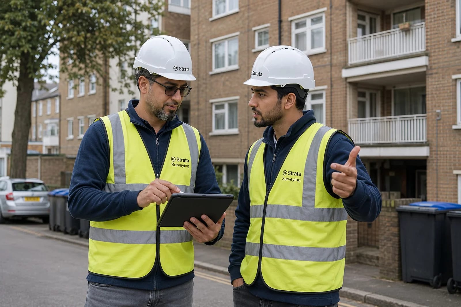 Two Strata surveyors reviewing a stock condition survey outside a residential block