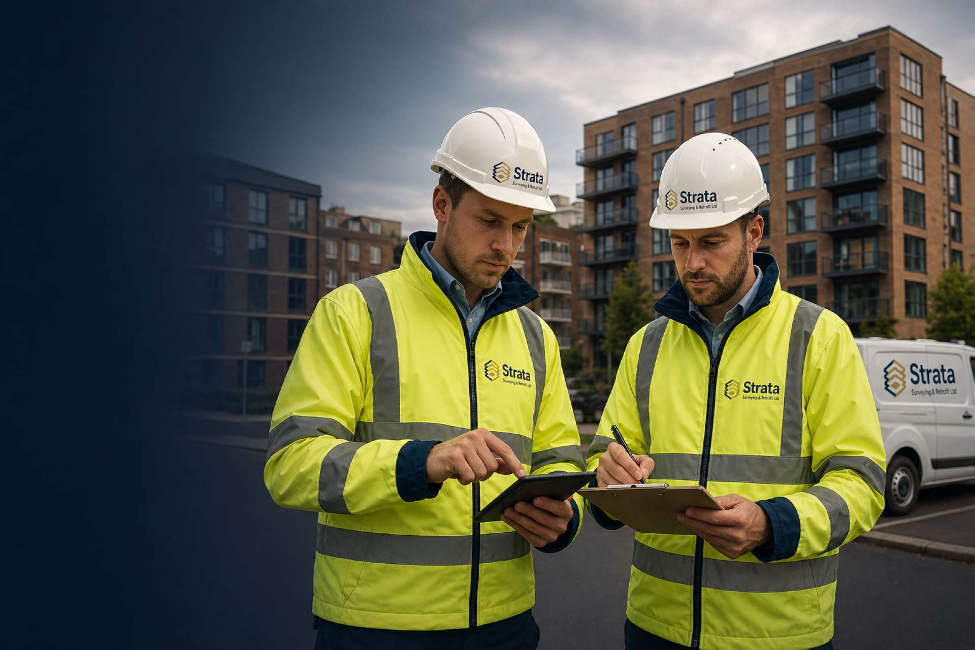 Two Strata surveyors checking a survey schedule outside blocks of flats