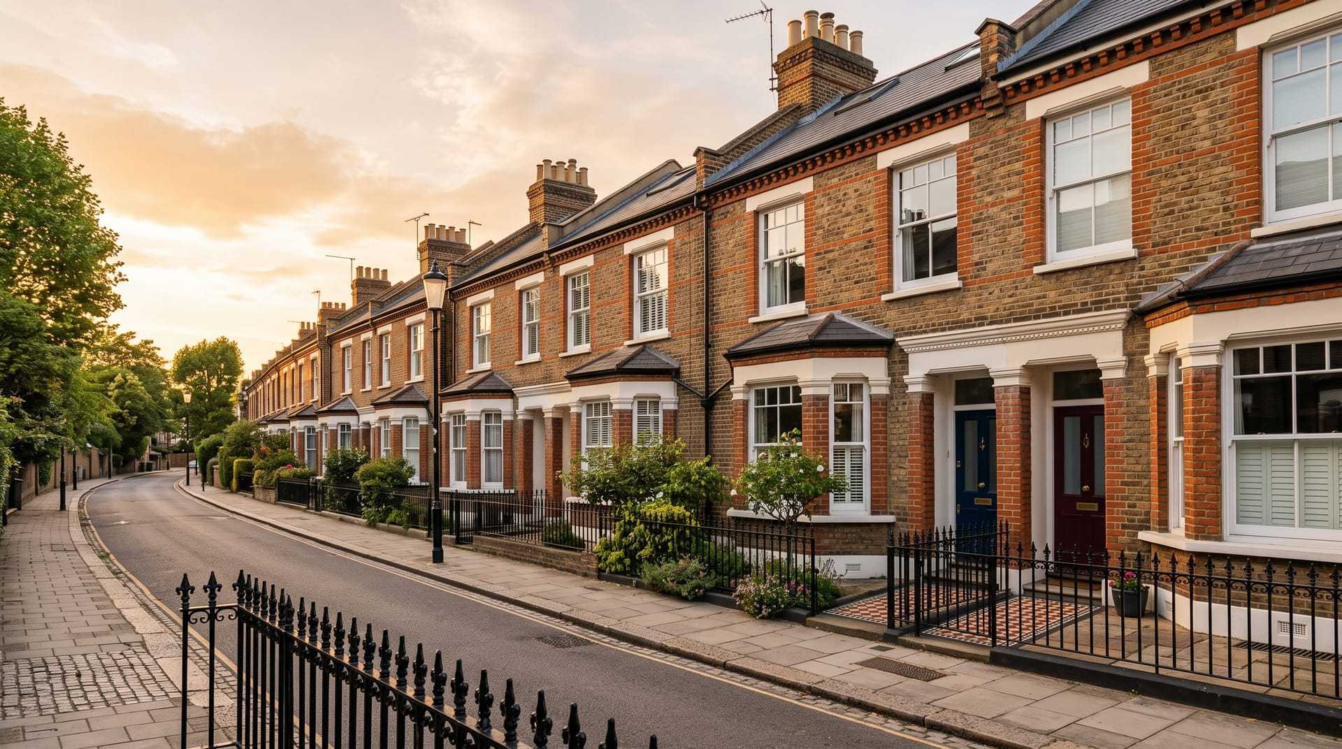 Victorian terraced street in London at sunset